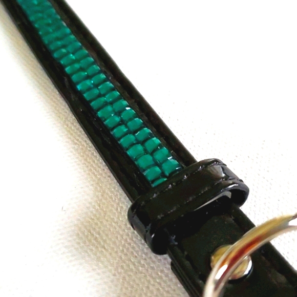Dog Collar Green Iridescent Stones Faux Black Pate - Picture 6 of 14